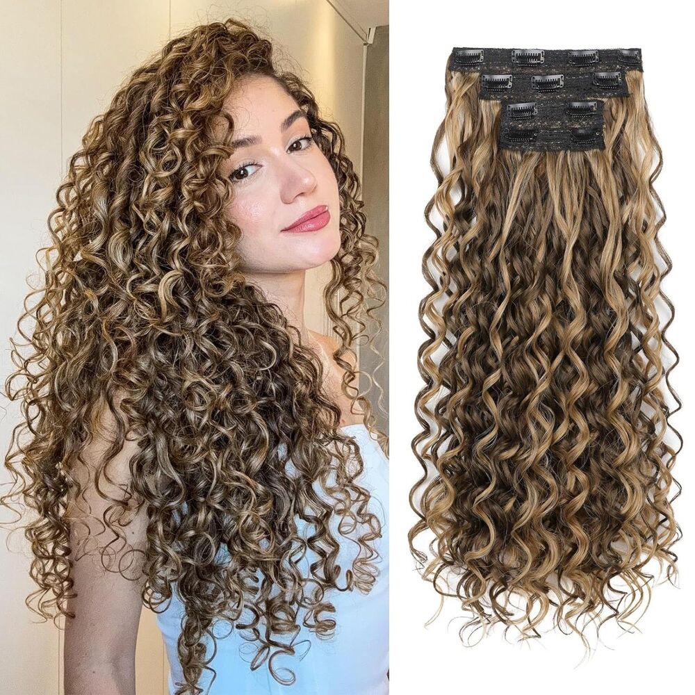 24 inch Curly Clip In Hair Extensions Chocolate Brown Highlights Lace Weft